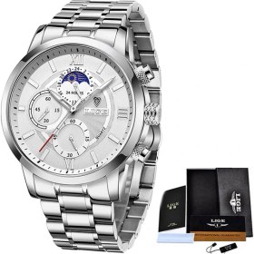 Resim Hanyang Gümüş Beyaz S Lıge Kronograf Izle Erkekler Için Moda Paslanmaz Çelik Saatler Üst Marka Lüks Su Geçirmez Kuvars Kol Saati Ay Fazı Saatleri (Yurt Dışından) 