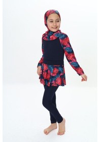 Resim My Kids Wear Üç Parça Kız Çocuk Haşema, Tesettür, Etekli, Kapalı Mayo Kırmızı - Lacivert 