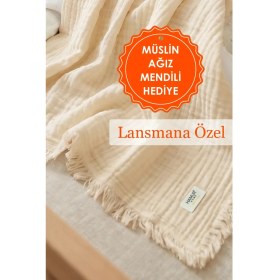 Resim Hamur Bebek 4 Katlı Müslin Pike Örtü %100 Pamuk 2'li Ağız Bezi Hediyeli Yenidoğan 85x100 Battaniye Ekru 