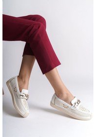 Resim Layla Bağcıksız Ortopedik Rahat Taban Çiçek Desenli Kadın Babet Ayakkabı Ckt - Beyaz Beyaz 