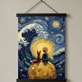Resim Little Prince Fox &amp; Planet Print - Van Gogh-Style Nursery Wall Art - With Hanger - Black / 12 x 16" (30x40 cm) 