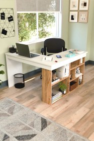 Resim Corn Köşe Çalışma Masası Raflı Bilgisayar, Ofis Masası Beyaz - Atlantik Çam Beyaz - Atlantik Çam 