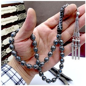 Resim Usta İşi Gümüş ve Firuze İşlemeli Oltu Taşı Tesbih 