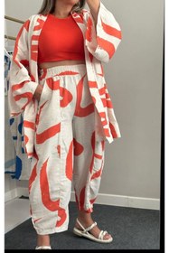 Resim Tommes Butik Keten Desenli Kadın Kimono Şalvar Takım 