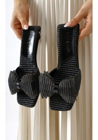 Resim Tonka Siyah Hasır Fiyonk Bantlı Kısa Topuklu Terlik 001 