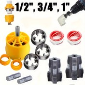 Resim 12 parça çelik boru diş açma takım seti, PVC boruda iplik oluşturmak için elektrikli matkapla kullanılmak üzere tasarlanmış üç dış ve iç die içerir - 1/2", 3/4" ve 1" su borusu dişleri için plastik boru diş açma seti 