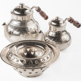 Resim Büyük Boy Gaziantep Bakır Çaydanlık Takımı Ve Balkon Sefası Takımı Komple El Keski İşlemesi 