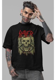 Resim Slayer Rock Metal Müzik Grubu Ön Baskılı Unisex Oversize Tişört Siyah 