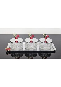 Resim Atabey Home Collection 3'lü Kirazli Gümüş Tepsili Kase Seti & Şekerlik & Sunumluk & Çerezlik 