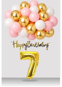 Resim 7 Yaş Retro Gold Pembe Beyaz Balon Happy Birthday Banner Gold Rakam Doğum Günü Süsü Çok Renkli 