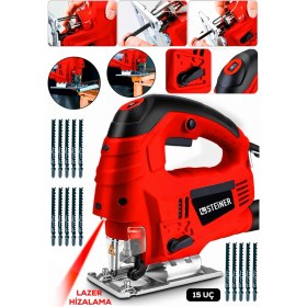 Resim Steiner Alman 4600 W Lazerli Sjs Metal Şanzuman 6 Kademe Devirli Pandül Ayarlı Dekupaj Testere Makinesi Kırmızı + 15UÇ 