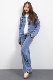 Resim Cansın Mini Mavi Kalp Desenli Düğmeli Ceketli Pantolonlu Kız Çocuk Jean Takım 23475 