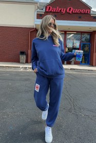 Resim Oversize Kadın Eşofman Takımı Kiraz STARFIT Baskılı Marine - 3 İplik Polar, Kapüşonlu, Lastikli Paça - XL / İNDİGO 