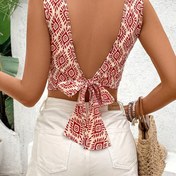 Resim 2025 Kadın Yaz Yeni Gelişim Kolsuz Geometrik Desen Seksi Sırtı Açık Kazak Üst, Kısa Boy, Yuvarlak Yaka, Polyester, H Fit, Düzenli Fit, Dokuma, 110g/m², Dolgu Yok, Kemer Yok 