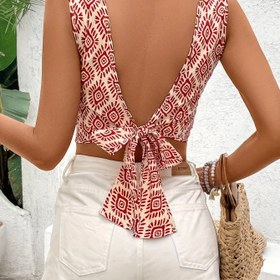 Resim 2025 Kadın Yaz Yeni Gelişim Kolsuz Geometrik Desen Seksi Sırtı Açık Kazak Üst, Kısa Boy, Yuvarlak Yaka, Polyester, H Fit, Düzenli Fit, Dokuma, 110g/m², Dolgu Yok, Kemer Yok 