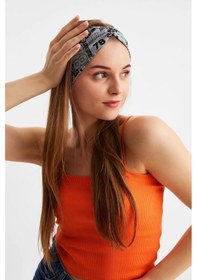 Resim Kadın Çapraz Bağlamalı Pamuklu Penye, Kaymaz, Yumuşak, Esnek, Saç Bandı Bandana - Tek Ebat / Gri Desen Gri Desen 