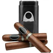 Resim Taşınabilir Humidor Siyah Deri Seyahat Humidoru Sedir Humidoru Paslanmaz Çelik Puro Bıçağı Tutuculu 3 Puro 