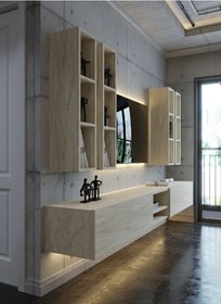 Resim Resital Ledli Duvara Monte Tv Sehpası - Traverten - W6004-8 Traverten 