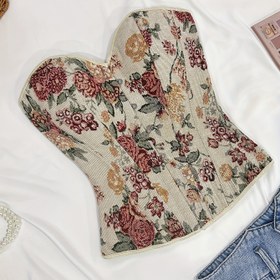 Resim Kadınlar için Vintage Çiçek Desenli Korse Üst - Yüksek Destek Dantel Arkası, Dolgusuz, Kırmızı, Bej ve Kahverengi Renklerde Şık Çiçek Deseni, Günlük veya Resmi Kıyafetler İçin Mükemmel, Korse Üst 