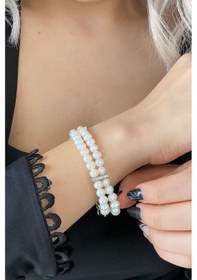 Resim 6,5 Mm Çift Sıra Doğal İnci Bileklik 19 Cm / Rose Gümüş 