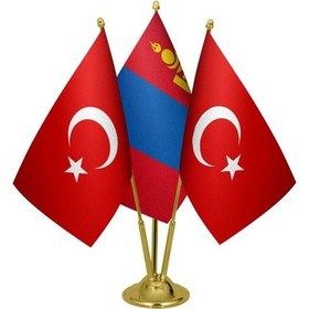 Resim Masa Üstü Moğolistan Bayrağı Türk Bayrağı Üçlü Pirinç Direk Masa 