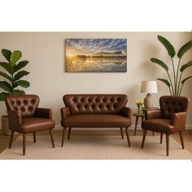 Resim Azra Mobilya Acı Kahve Deri Chester Tarz Koltuk Takımı Modern Tasarım, Dayanıklı Ahşap Ayaklı Oturma Grubu Acı Kahve 