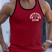 Resim Erkekler için Hafif Mavi Kolsuz Örgü Tank Üstü - "POWERHOUSE GYM" Baskısı, Yaz Fitnessi ve Günlük Giyim için Nefes Alabilir ve Kırışmaya Karşı, Polyester, Spor Aktif Giyim | Kolsuz Üst | Rahat Fi 