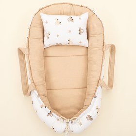 Resim Babynest ve Yastık- Çift Taraflı - Bej Petek - Kahverengi Arabalar 