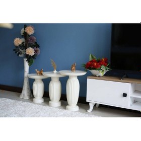 Resim 3'lü Çizgili Vazo Beyaz Yan Sehpa Beyaz 