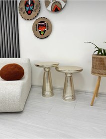 Resim AYLESA Doğal Ahşap 2’li Set Gümüş Renk Jelatin Mantar Yan Sehpa Modern Fiskos Zigon Çiçeklik 