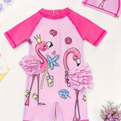 Resim Çocuk Karikatür Flamingo Tek Parça Mayo - Yüksek Esneklikli Polyester Karışımı (%85 Polyester, %15 Elastan), Sevimli Stil, Örme Kumaş - Çabuk Kurur, Yüzme ve Plaj Eğlencesi İçin Dar Kesim, 12 Yaş ve Altı İçin Uygundur 