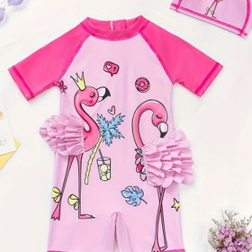 Resim Çocuk Karikatür Flamingo Tek Parça Mayo - Yüksek Esneklikli Polyester Karışımı (%85 Polyester, %15 Elastan), Sevimli Stil, Örme Kumaş - Çabuk Kurur, Yüzme ve Plaj Eğlencesi İçin Dar Kesim, 12 Yaş ve Altı İçin Uygundur 