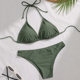 Resim Klasik Kırmızı Bikini Takımı Dantel Detaylı - Yüksek Esneklikli Kumaş, Kadınlar İçin Düz Renk Mayo, Seksi ve Şık Plaj veya Havuz Kenarı Kıyafeti 