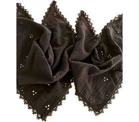 Resim Siyah Nakışlı Muslin Kumaş Anne Kız Kombin - %100 Pamuk, Nefes Alan Doğal Kumaş Bandana 