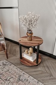 Resim Modern Çift Katlı Yuvarlak Orta Yan Sehpa Dekoratif Metal Ayaklı Kitap ve Aksesuar Raflı Salon Oturma Odası Şık Kullanışlı Tasarım (2) 