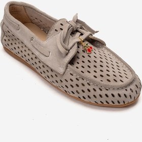 Resim Luvishoes Stevo Bej Süet Hakiki Deri Delikli Bağcıklı Kadın Loafer Ayakkabı 