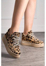 Resim Günlük Kadın Sneaker Gizli Kalın Topuklu Taş Detaylı Oval Burun Bağcıklı Spor Ayakkabı F70 Leopar 