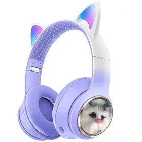 Resim shaza Işıklı Kedi Kulaklı Bluetooth Kulak Üstü Kulaklık - Mor 