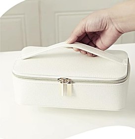 Resim KM-10 Lüks Takı Kutusu, Beyaz Deri, 23.5x11.8x8 cm, Taşınabilir Mücevher Organizatörü, 12 Adet Kese Hediyeli, Fermuarlı Saklama Çantası 