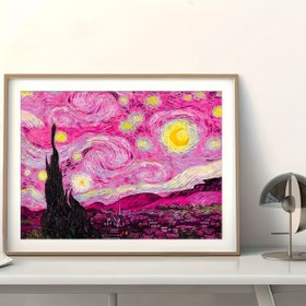 Resim DIY Tam Elmas Boyama Seti Van Gogh'un Yıldızlı Gökyüzü Pembe Desen Yuvarlak Elmas Reçine Elmas Boyama 1 Set 30X40cm/11.8x15.7 inç 
