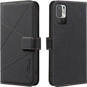 Resim Xiaomi Poco M3 Pro İçin Geometrik Desen Rfıd Deri Telefon Kılıfı Siyah 