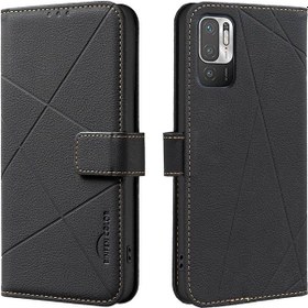 Resim Xiaomi Poco M3 Pro İçin Geometrik Desen Rfıd Deri Telefon Kılıfı Siyah 