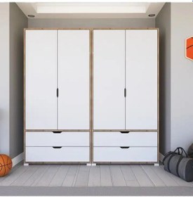 Resim Nisan Açık Ceviz-beyaz 4 Kapılı 4 Çekmeceli Elbise Dolabı - Gardırop Seti Açık Ceviz & Beyaz 