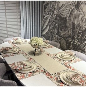 Resim Keten 6 Lı Asil Desen 6 Amerikan Servis &6 Peçete 45x30-30x30 Çok Renkli 