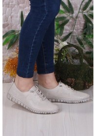 Resim Mehmet Mete 4243 Yumuşak Rahat Esnek Lastik Bağcıklı Hakiki Deri Kadın Ayakkabı Bej 