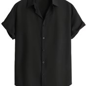 Resim Erkekler İçin Büyük Beden Günlük Kısa Kollu Gömlek - Hafif 110g/m² Polyester-Spandeks Karışımı, Tekne Yaka Düğmeli, Düz Siyah, Yazlık Normal Kalıp, Çok Yönlü Günlük Giyim | Normal Kalıplı Üst | Hafif Gömlek, Kısa Kollu Üstler, BÜYÜK BEDEN 