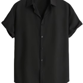 Resim Erkekler İçin Büyük Beden Günlük Kısa Kollu Gömlek - Hafif 110g/m² Polyester-Spandeks Karışımı, Tekne Yaka Düğmeli, Düz Siyah, Yazlık Normal Kalıp, Çok Yönlü Günlük Giyim | Normal Kalıplı Üst | Hafif Gömlek, Kısa Kollu Üstler, BÜYÜK BEDEN 