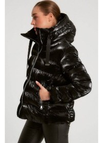 Resim Şişme Kaban Parlak Siyah Kapşonlu Siyah 