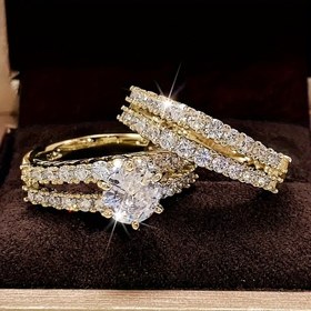 Resim 2 adet Set, 18K Altın Kaplama Bakır Halkalar, Basit Stil, Sentetik Kübik Zirkonya, Gelinlik Düğün Nişan Yüzükleri Kadınlar için, Çok Yönlü Günlük ve Özel Gün Takıları 