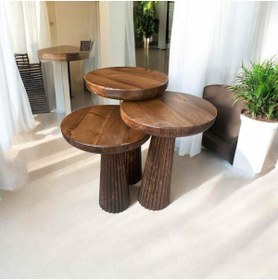 Resim Simillo Home&Living Ceviz Renk Masif Ahşap Mantar Sehpa 3’lü Zigon Fiskos Takımı – Doğal Tasarım - Wooden Coffee Table 